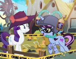 Size: 900x696 | Tagged: safe, artist:pixelkitties, character:rarity, character:trixie, oc, oc:pixelkitties, species:pony, species:unicorn, alcohol, arrogant trixie ale, basket, beer, beverage, clothing, crime scene, detective rarity, duo, female, food, griffonstone, hat, mare, muffin, show accurate, statue