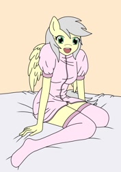 Size: 850x1200 | Tagged: safe, artist:linedraweer, oc, oc only, oc:silverlay (pegasus), species:anthro, anthro oc, bed, clothing, commission, female, missing shoes, nurse, nurse outfit, sitting, socks, solo, wings
