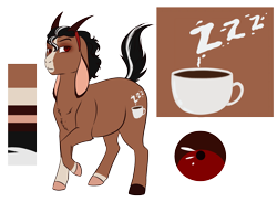 Size: 2863x2094 | Tagged: safe, artist:jc_bbqueen, oc, oc only, oc:caffeinated comatose, ponysona, species:goat, species:mule, species:pony, female, hybrid, mare, raised hoof, redesign, reference sheet, simple background, solo, transparent background, zzz