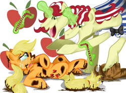 Size: 1000x735 | Tagged: safe, artist:jamescorck, character:applejack, character:flam, character:flim, species:earth pony, species:pony, species:unicorn, abuse, bad end, crying, fanfic, female, flim flam brothers, grin, jackabuse, male, mare, mud, on back, sad, simple background, smiling, stallion, straw, the bad guy wins, there will be blood, white background