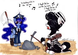 Size: 1934x1363 | Tagged: safe, artist:newyorkx3, character:princess luna, oc, oc:tommy junior, species:alicorn, species:pony, baton, clothing, colt, dialogue, female, guitar, hat, magic, male, music notes, musical instrument, peaked cap, police officer, police uniform, prison outfit, prison stripes, prisoner, singing, sunglasses, telekinesis, the bobby fuller four, traditional art
