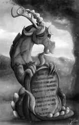 Size: 950x1500 | Tagged: safe, artist:jamescorck, character:discord, species:draconequus, crying, epitaph, eyes closed, facial hair, goatee, gravestone, grayscale, grieving, immortality blues, implied death, implied fluttershy, male, monochrome, sad, solo, tree