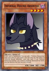 Size: 419x610 | Tagged: safe, artist:wubcakeva, edit, part of a set, oc, oc only, card, collar, hellhound, solo, spiked collar, trading card edit, yu-gi-oh!