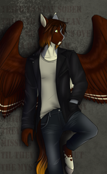 Size: 1397x2262 | Tagged: safe, artist:jc_bbqueen, oc, oc only, oc:dusk flame, species:anthro, species:pony, species:unguligrade anthro, anthro oc, clothing, hand in pocket, jacket, leaning, male, pants, shirt, solo, stallion