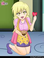Size: 747x1000 | Tagged: safe, alternate version, artist:clouddg, character:derpy hooves, my little pony:equestria girls, beautiful, blonde, clothing, cute, derpabetes, door, female, food, holiday, human coloration, kneeling, lockers, looking at you, moe, muffin, open mouth, shoes, signature, skirt, snack, solo, valentine's day