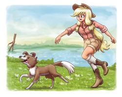 Size: 1615x1280 | Tagged: safe, artist:king-kakapo, character:applejack, character:winona, species:dog, species:human, boots, clothing, cowboy hat, cute, female, freckles, grass, hat, human female, humanized, jackabetes, long socks, plaid shirt, shoes, shorts, smiling, stetson, stick, suspenders, throwing, water