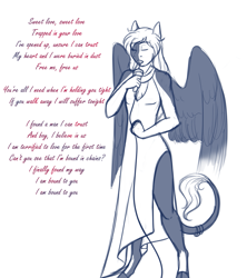 Size: 1691x1908 | Tagged: safe, artist:jc_bbqueen, oc, oc only, oc:daniel dasher, species:anthro, species:dracony, species:pegasus, species:pony, species:unguligrade anthro, anthro oc, clothing, cloven hooves, crossdressing, crossover, crossover shipping, dress, eyes closed, hybrid, leonine tail, male, monochrome, shipping, simple background, sketch, solo, stallion, white background