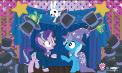 Size: 798x480 | Tagged: safe, artist:pixelkitties, official, character:angel bunny, character:gummy, character:starlight glimmer, character:tank, character:trixie, species:pony, species:rabbit, species:unicorn, bow tie, bunny out of the hat, cape, clothing, crocodile, duo, female, glowing horn, happy, hat, magic, magic trick, magician outfit, mare, raised hoof, smiling, stage, stars, telekinesis, top hat, tortoise, trixie's cape, trixie's hat