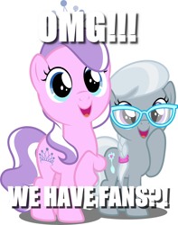 Size: 3946x5000 | Tagged: safe, artist:dashiesparkle, character:diamond tiara, character:silver spoon, species:earth pony, species:pony, adorabullies, cute, duo, duo female, excited, fans, female, filly, image macro, meme, omg, open mouth, raised hoof, silverbetes, smiling