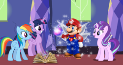 Size: 1974x1056 | Tagged: safe, artist:dashiesparkle, artist:kysss90, artist:limedreaming, artist:steampalenresources, artist:user15432, character:rainbow dash, character:starlight glimmer, character:twilight sparkle, character:twilight sparkle (alicorn), species:alicorn, species:human, species:pegasus, species:pony, species:unicorn, aura, book, castle, crossover, fairy, fairy wings, hasbro, hasbro studios, humanized, jewelry, lesson, magic, magic aura, magic book, maridash, mario, necklace, show accurate, sparkles, sparkling, sparkly, super mario bros., super smash bros., twilight's castle, wat, winged humanization, wings