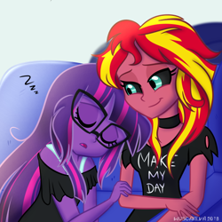 Size: 600x600 | Tagged: safe, artist:wubcakeva, character:midnight sparkle, character:sunset satan, character:sunset shimmer, character:twilight sparkle, character:twilight sparkle (scitwi), species:eqg human, comic:ask casual midnight and demon shimmer, ship:scitwishimmer, ship:sunsetsparkle, g4, my little pony:equestria girls, casual, causal midnight sparkle, choker, clothing, cuddling, cute, demon, eyes closed, female, lesbian, make my day, midnight sparkle, midnightabetes, midnightsatan, open mouth, shipping, sleeping, sunset satan, twiabetes, zzz