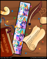 Size: 1086x1364 | Tagged: safe, artist:ratofdrawn, character:princess celestia, character:twilight sparkle, species:pony, ship:twilestia, blushing, book, clothing, eyes closed, female, hat, implied sparity, ink, kissing, lesbian, letter, party hat, photo booth, photoshop, quill, scroll, shipping