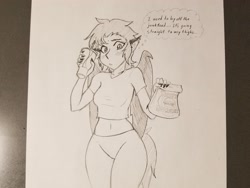 Size: 4032x3024 | Tagged: safe, artist:dj-black-n-white, oc, oc only, oc:yuzu, satyr, belly button, blushing, burger, child bearing hips, clothing, embarrassed, fast food, female, food, grayscale, monochrome, offspring, simple background, soda, solo, traditional art, white background, wide hips