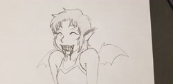 Size: 4032x1960 | Tagged: safe, artist:dj-black-n-white, oc, oc only, oc:yuzu, satyr, blood, clothing, eyes closed, fangs, female, grayscale, grin, grining, messy eating, monochrome, offspring, simple background, smiling, solo, traditional art, vampire, vampirism, white background
