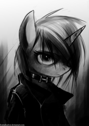 Size: 636x900 | Tagged: safe, artist:foxinshadow, oc, oc only, oc:coffee bean, species:anthro, species:pony, species:unicorn, abstract background, badass, black and white, clothing, collar, dark, edgy, emo, female, grayscale, hair over one eye, jacket, mare, monochrome, semi-anthro, solo