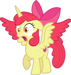 Size: 3778x3959 | Tagged: safe, artist:frownfactory, artist:parclytaxel, character:apple bloom, species:alicorn, species:pony, .svg available, alicornified, apple bloom's bow, bloomicorn, bow, cutie mark, female, filly, hair bow, horn, open mouth, race swap, simple background, solo, startled, svg, transparent background, two toned wings, vector, wings