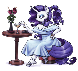 Size: 1280x1174 | Tagged: safe, artist:king-kakapo, character:rarity, species:anthro, species:pony, species:unguligrade anthro, species:unicorn, alcohol, alternate hairstyle, beautiful, breasts, cleavage, clothing, dress, ear piercing, earring, female, flower, glass, high heels, jewelry, mare, piercing, rose, shoes, simple background, sitting, solo, table, unshorn fetlocks, vase, white background, wine, wine glass