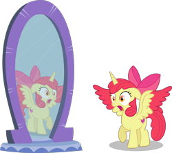Size: 8224x7312 | Tagged: safe, artist:frownfactory, artist:parclytaxel, character:apple bloom, species:alicorn, species:pony, .svg available, absurd resolution, alicornified, apple bloom's bow, bloomicorn, bow, cutie mark, female, filly, hair bow, horn, mirror, open mouth, race swap, reflection, simple background, solo, startled, svg, transparent background, two toned wings, vector, wings