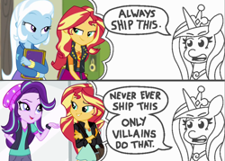 Size: 1609x1152 | Tagged: safe, artist:threetwotwo32232, edit, edited screencap, screencap, character:princess cadance, character:starlight glimmer, character:sunset shimmer, character:trixie, species:alicorn, species:pony, ship:shimmerglimmer, ship:suntrix, equestria girls:forgotten friendship, equestria girls:mirror magic, g4, my little pony: equestria girls, my little pony:equestria girls, spoiler:eqg specials, always ship this, beanie, clothing, comic, dialogue, exploitable meme, female, glasses, hat, lesbian, meme, mouthpiece, my hero academia, op is a duck, op is trying to start shit, parody, princess of shipping, shipper on deck, shipping