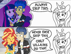 Size: 1124x857 | Tagged: safe, artist:threetwotwo32232, edit, screencap, character:flash sentry, character:princess cadance, character:sunset shimmer, character:twilight sparkle, species:alicorn, species:pony, ship:flashimmer, ship:flashlight, episode:good vibes, eqg summertime shorts, equestria girls:rainbow rocks, g4, my little pony: equestria girls, my little pony:equestria girls, always ship this, backwards, comic, dialogue, exploitable, exploitable meme, female, male, meme, my hero academia, parody, princess of shipping, shipper on deck, shipping, straight