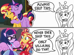 Size: 1374x1017 | Tagged: safe, artist:threetwotwo32232, edit, screencap, character:princess cadance, character:sunset shimmer, character:twilight sparkle, character:twilight sparkle (alicorn), character:twilight sparkle (scitwi), species:alicorn, species:eqg human, species:pony, ship:scitwishimmer, ship:sunsetsparkle, equestria girls:forgotten friendship, g4, my little pony: equestria girls, my little pony:equestria girls, always ship this, backwards, clothing, comic, dialogue, exploitable, exploitable meme, female, glasses, holding, lesbian, lidded eyes, male, meme, my hero academia, parody, ponied up, ponytail, princess of shipping, scitwilicorn, shipper on deck, shipping, skirt, smiling