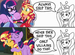 Size: 1398x1024 | Tagged: safe, artist:threetwotwo32232, edit, screencap, character:princess cadance, character:sunset shimmer, character:twilight sparkle, character:twilight sparkle (alicorn), character:twilight sparkle (scitwi), species:alicorn, species:eqg human, species:pony, ship:scitwishimmer, ship:sunsetsparkle, equestria girls:forgotten friendship, g4, my little pony: equestria girls, my little pony:equestria girls, always ship this, backwards, clothing, comic, dialogue, exploitable, exploitable meme, female, glasses, holding, lesbian, lidded eyes, male, meme, my hero academia, parody, ponied up, ponytail, princess of shipping, scitwilicorn, shipper on deck, shipping, skirt, smiling