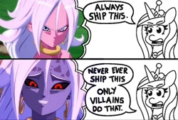Size: 696x471 | Tagged: safe, artist:threetwotwo32232, character:princess cadance, species:alicorn, species:pony, always ship this, android 21, anime, comic, dragon ball, dragon ball fighterz, exploitable meme, meme, my hero academia, non-mlp shipping, parody, princess of shipping, shipper on deck, shipping