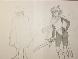 Size: 4032x3024 | Tagged: safe, artist:dj-black-n-white, oc, oc only, oc:kimmy and mera, parent:chimera sisters, satyr, species:human, cloak, clothing, dungeons and dragons, humanized, offspring, sword, traditional art, weapon
