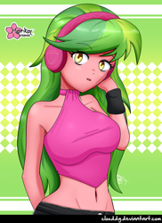 Size: 728x1000 | Tagged: safe, artist:clouddg, character:lemon zest, my little pony:equestria girls, belly button, breasts, busty lemon zest, clothing, female, headphones, solo