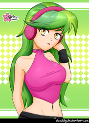Size: 728x1000 | Tagged: safe, artist:clouddg, character:lemon zest, species:human, my little pony:equestria girls, belly button, breasts, busty lemon zest, clothing, female, headphones, humanized, looking at you, solo