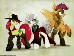 Size: 900x677 | Tagged: safe, artist:foxinshadow, character:apple bloom, character:scootaloo, character:sweetie belle, species:pegasus, species:pony, adult, armor, badass, boots, chest fluff, clothing, cowboy hat, cutie mark crusaders, eyepatch, hat, hoof boots, older, suit