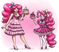 Size: 1600x1412 | Tagged: safe, artist:king-kakapo, character:pinkie pie, species:anthro, species:human, alternate hairstyle, cake, clothing, corset, dress, food, frilly dress, high heels, human anthrodox, humanized, looking at you, mary janes, nail polish, ribbon, shoes, socks, stockings, thigh highs, tongue out