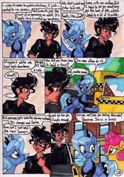 Size: 1392x1989 | Tagged: safe, artist:newyorkx3, character:princess luna, oc, oc only, oc:tommy, species:human, comic:young days, comic, dialogue, manehattan, s1 luna, taxi, traditional art