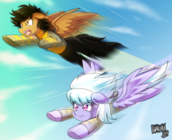 Size: 4500x3667 | Tagged: safe, artist:danmakuman, character:cloudchaser, oc, oc:shine racer, species:pegasus, species:pony, absurd resolution, clothing, commission, flying, open mouth, smiling