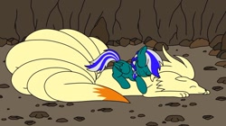 Size: 1200x673 | Tagged: safe, artist:linedraweer, oc, oc:blue star, species:pegasus, species:pony, cave, commission, crossover, cuddling, happy, hug, ninetales, patching, pokémon, rule 63, snuggling