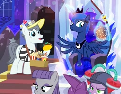Size: 1000x773 | Tagged: safe, artist:pixelkitties, character:maud pie, character:princess luna, character:silver shill, character:spike, species:alicorn, species:pony, female, foam finger, food, glowing horn, magic, male, mare, popcorn, rock pouch, smiling, soda, stallion, taco