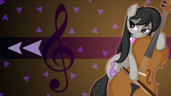 Size: 3840x2160 | Tagged: safe, artist:alexpony, artist:laszlvfx, edit, character:octavia melody, species:earth pony, species:pony, bow (instrument), cello, cello bow, female, mare, musical instrument, necktie, request, solo, wallpaper, wallpaper edit
