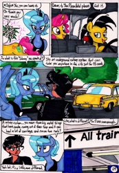 Size: 1381x1990 | Tagged: safe, artist:newyorkx3, character:princess luna, oc, oc only, oc:cabbie, oc:tommy, comic:young days, comic, dialogue, manehattan, s1 luna, taxi, traditional art