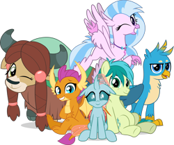 Size: 5067x4245 | Tagged: safe, artist:jhayarr23, character:gallus, character:ocellus, character:sandbar, character:silverstream, character:smolder, character:yona, species:changeling, species:classical hippogriff, species:dragon, species:griffon, species:hippogriff, species:pony, species:reformed changeling, species:yak, episode:school daze, g4, my little pony: friendship is magic, absurd resolution, best friends, claws, cloven hooves, cute, diaocelles, diastreamies, dragoness, feathered fetlocks, female, gallabetes, jewelry, male, necklace, one eye closed, sandabetes, school of friendship, sextet, simple background, smolderbetes, student six, teenager, transparent background, wink, yonadorable