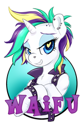 Size: 825x1265 | Tagged: safe, artist:hobbes-maxwell, character:rarity, species:pony, species:unicorn, alternate hairstyle, bracelet, female, heart eyes, jewelry, looking at you, mare, punk, punkity, smiling, solo, spiked wristband, studded bracelet, waifu, waifu badge, wingding eyes, wristband