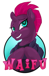Size: 825x1265 | Tagged: safe, artist:hobbes-maxwell, character:tempest shadow, species:pony, species:unicorn, my little pony: the movie (2017), broken horn, female, heart eyes, mare, smiling, solo, waifu, waifu badge, wingding eyes