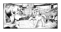 Size: 2550x1350 | Tagged: safe, artist:hobbes-maxwell, oc, oc:blackjack, oc:homage, oc:littlepip, oc:morning glory (project horizons), species:pony, species:unicorn, fallout equestria, chest fluff, clothing, cloud, cloudy, cutie mark, ear fluff, easter egg, fallout equestria illustrated, fanfic, fanfic art, female, fluffy, hooves, horn, manehattan, mare, microphone, monitor, monochrome, open mouth, ruins, screen, talking, teeth, tenpony tower, vault suit, wasteland, window