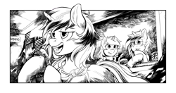Size: 2550x1350 | Tagged: safe, artist:hobbes-maxwell, oc, oc:homage, oc:littlepip, oc:velvet remedy, species:pony, species:unicorn, fallout equestria, black and white, blushing, clothing, dress, ear fluff, fallout equestria illustrated, fanfic, fanfic art, female, grayscale, hoof hold, hooves, horn, mare, microphone, monochrome, open mouth, pipbuck, recording studio, singing, teeth, tenpony tower, vault suit