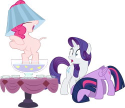Size: 4692x4060 | Tagged: safe, artist:90sigma, artist:awesomecas, artist:parclytaxel, edit, editor:slayerbvc, character:pinkie pie, character:rarity, character:twilight sparkle, character:twilight sparkle (alicorn), species:alicorn, species:earth pony, species:pony, species:unicorn, episode:ponyville confidential, episode:the gift of the maud pie, episode:the hooffields and mccolts, g4, my little pony: friendship is magic, absurd resolution, bipedal, clothing, cup, dancing, female, furless, furless edit, hat, head down, lampshade, lampshade hat, mare, nude edit, nudity, open mouth, punch (drink), punch bowl, shaved, shaved tail, simple background, table, transparent background, vector, vector edit