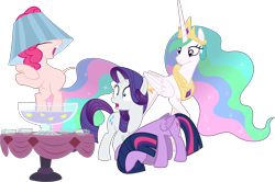 Size: 6358x4209 | Tagged: safe, artist:90sigma, artist:awesomecas, artist:mattyhex, artist:parclytaxel, edit, editor:slayerbvc, character:pinkie pie, character:princess celestia, character:rarity, character:twilight sparkle, character:twilight sparkle (alicorn), species:alicorn, species:earth pony, species:pony, species:unicorn, episode:ponyville confidential, episode:the gift of the maud pie, episode:the hooffields and mccolts, g4, my little pony: friendship is magic, absurd resolution, bipedal, celestia is amused, clothing, cup, dancing, edited edit, furless, furless edit, hat, head down, lampshade, lampshade hat, nude edit, nudity, pinkie being pinkie, punch (drink), punch bowl, shaved, shaved tail, simple background, smiling, table, transparent background, vector, vector edit, we don't normally wear clothes