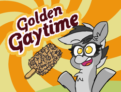 Size: 1502x1140 | Tagged: safe, artist:threetwotwo32232, oc, oc only, oc:bandy cyoot, food, golden gaytime, happy, ice cream, raccoon pony, solo