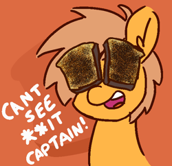 Size: 576x557 | Tagged: safe, artist:threetwotwo32232, oc, oc:meadow stargazer, species:earth pony, species:pony, bread, dialogue, female, food, i can't see shit, mare, solo, toast, vulgar