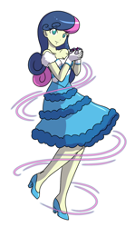 Size: 1112x1868 | Tagged: safe, artist:danmakuman, character:bon bon, character:sweetie drops, my little pony:equestria girls, baroness von bon bon, clothing, crossover, cuphead, dress, female, namesake, present, pun, raised leg, simple background, smiling, solo, white background
