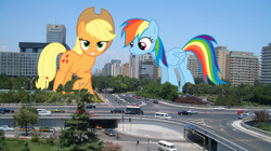 Size: 2048x1150 | Tagged: safe, artist:slb94, artist:theotterpony, character:applejack, character:rainbow dash, species:pony, >:d, beijing, car, china, clothing, cowboy hat, evil grin, giant pony, grin, hat, highrise ponies, irl, lidded eyes, macro, photo, ponies in real life, smiling, smirk, stetson, story in the source