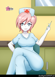Size: 715x1000 | Tagged: safe, artist:clouddg, character:nurse redheart, my little pony:equestria girls, breasts, busty nurse redheart, chair, clothing, crossed legs, female, hat, helloooooo nurse, looking at you, nurse, nurse hat, scrubs (gear), signature, sitting, smiling, solo, thermometer